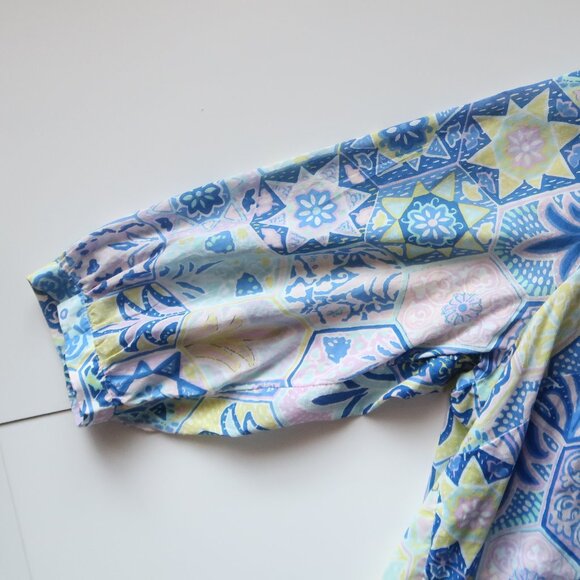 Talbots Blue Print Cotton Peasant Boho Blouse Top Floral Top Plus Size 2X Summer - Picture 7 of 9